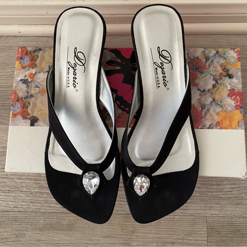 Dezario Black Drop Jewel Thong Block Heel Sandals USA Made Vacation Cruise- Sz 9